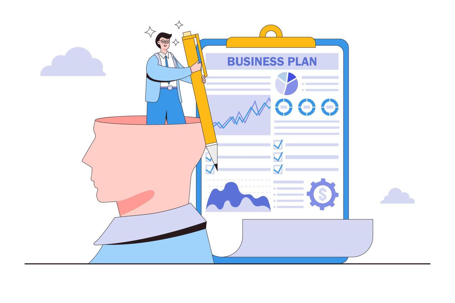 gerenciamento de projetos, tarefas de trabalho, direcionamento, desenvolvimento de negócios, conceitos de lançamento de inicialização. líder empresário escreve ideia de planejamento estratégico e análise de marketing usando caneta de cabeça enorme vetor