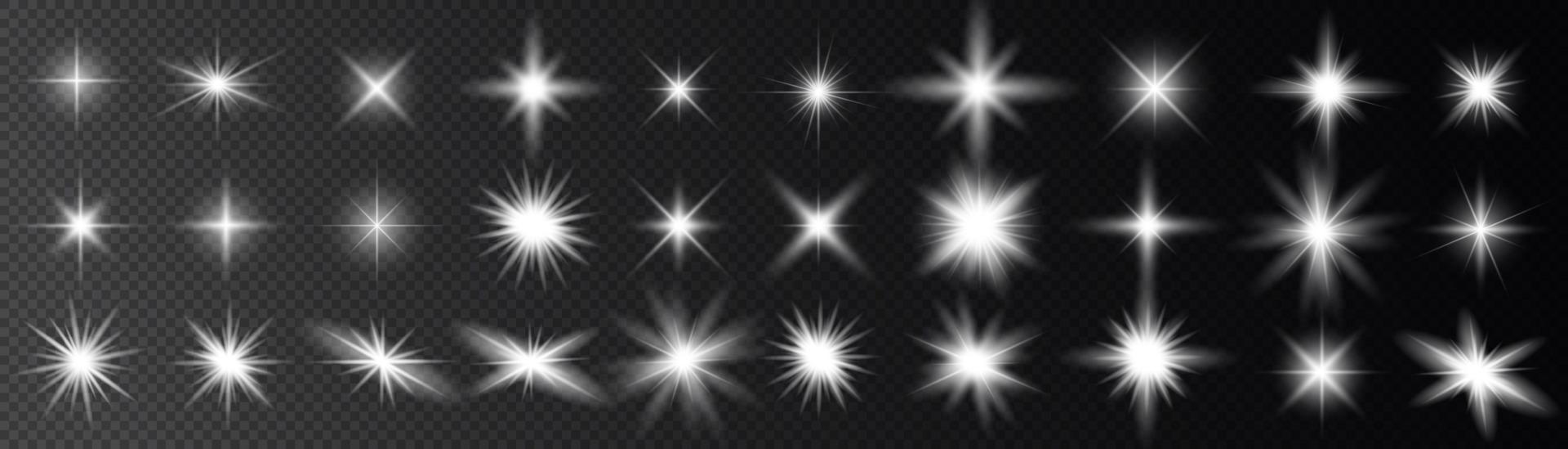 conjunto de efeito de luz branca isolado branco, reflexo de lente, explosão, brilho, linha, flash de sol, faísca e estrelas. design de elemento de efeito especial abstrato. vetor