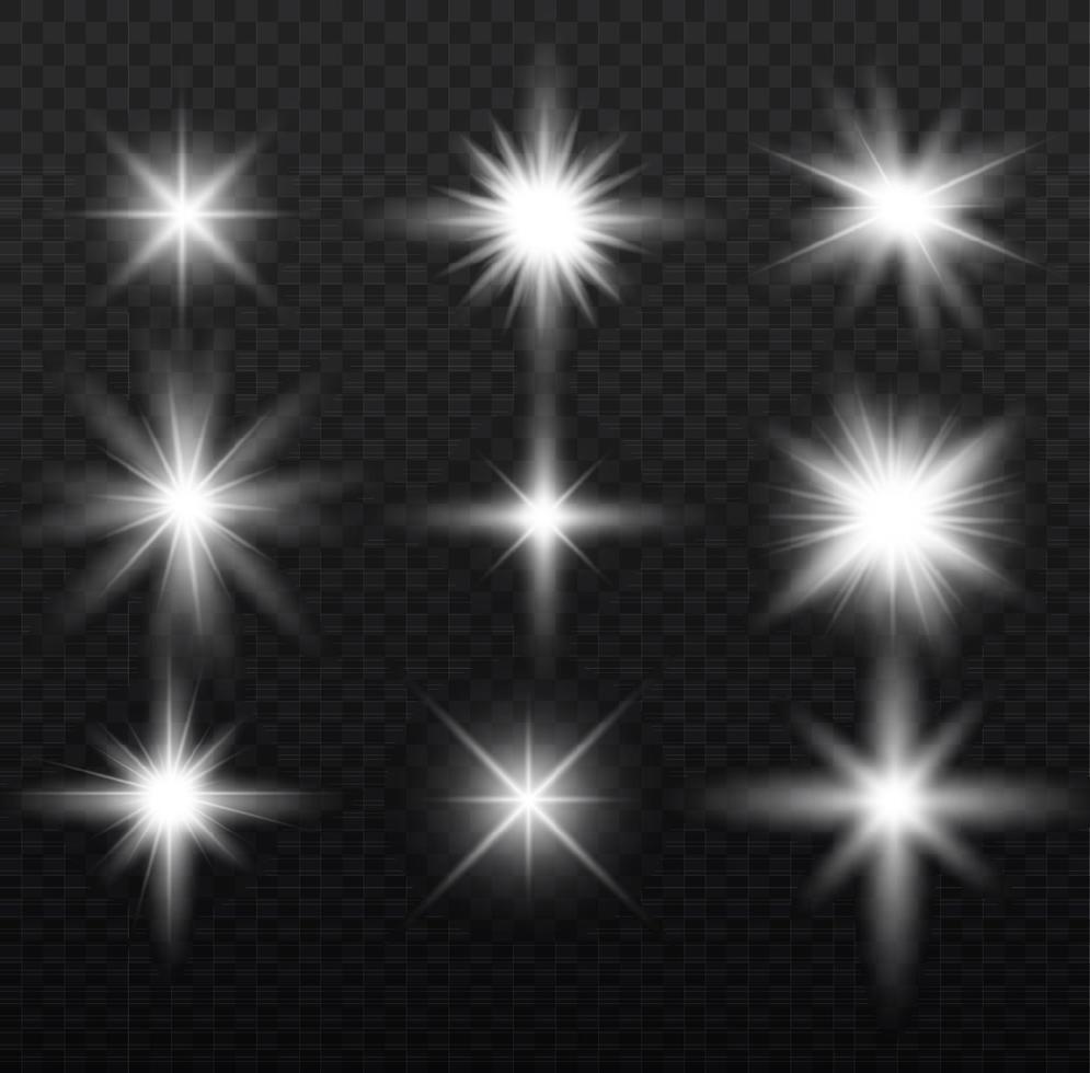 brilho isolado conjunto de efeito de luz transparente branca, reflexo de lente, explosão, brilho, linha, flash de sol, faísca e estrelas. design de elemento de efeito especial abstrato. raio de brilho com relâmpago vetor