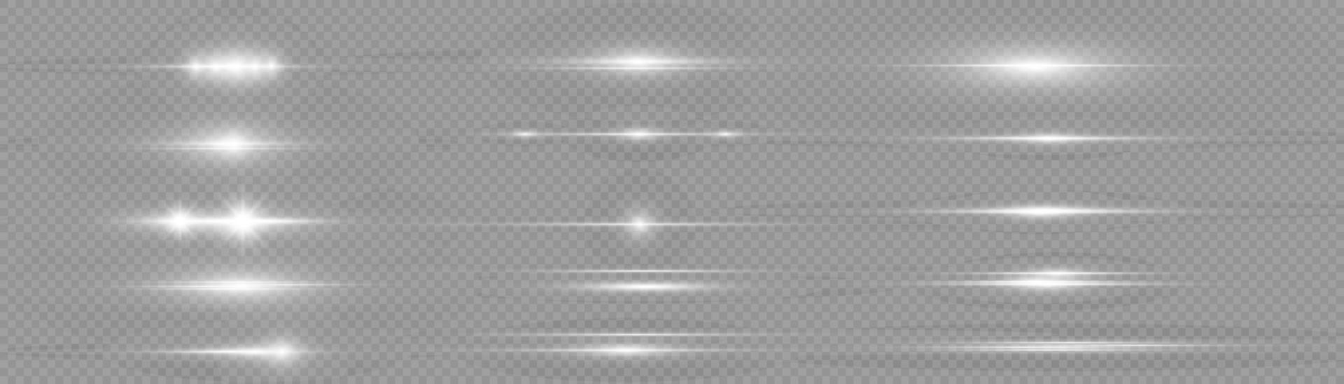 pacote de flares de lente horizontal branca. raios laser, raios de luz horizontais. lindos clarões de luz. luz do flash com faíscas de pó de fada e estrelas brancas brilham. luz de brilho empoeirado. vetor