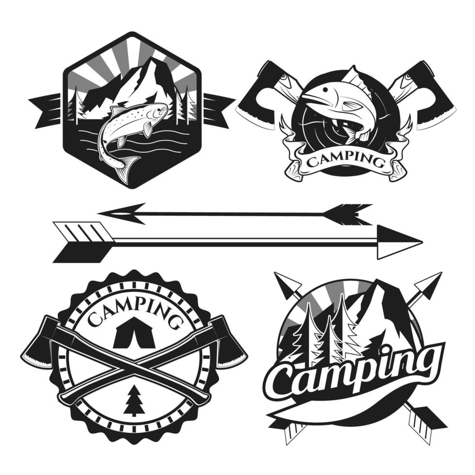 logotipo de acampamento, etiquetas e crachás. emblemas de viagem vetor