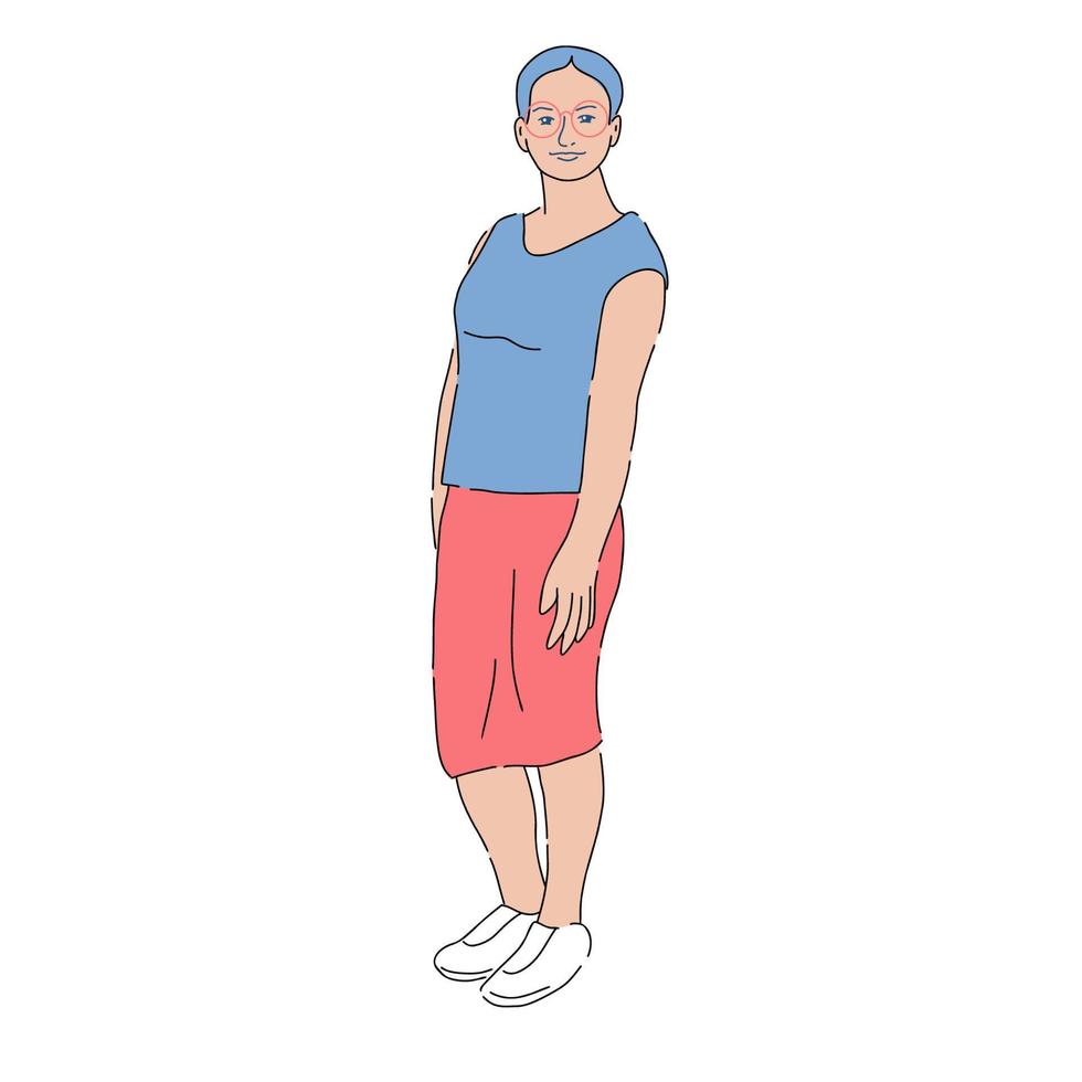 jovem de óculos vestindo roupas casuais feminina desenhada à mão em pé isolado em ilustração vetorial de pose livre vetor
