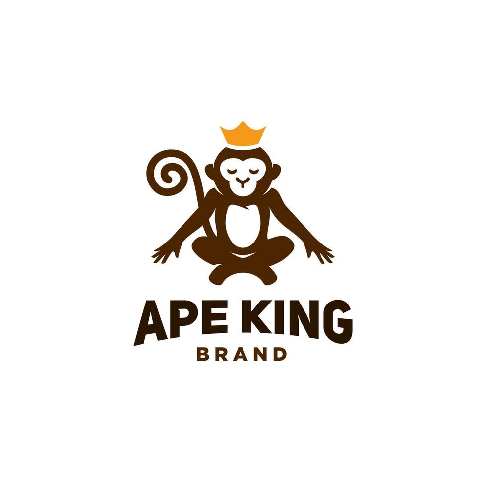 logotipo do rei macaco com ícone de logotipo de posição de ioga de meditação de coroa, macaco chimpanzé meditando em pose de lótus ilustração de design de mascote de desenho animado vetor