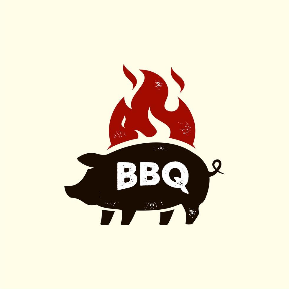 logotipo de churrasco quente de porco, carne de porco em mascote de chama de fogo vermelho modelo de ícone de logotipo vintage rústico adequado para restaurante de churrasco e negócios de comida de café vetor