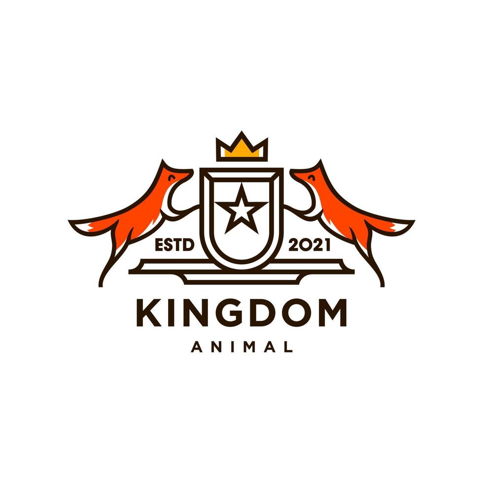 logotipo de brasão de duas raposas laranja com escudo, estrelas e símbolo de coroa dourada para o reino animal no estilo de ilustração moderno moderno clássico de linha mínima vetor