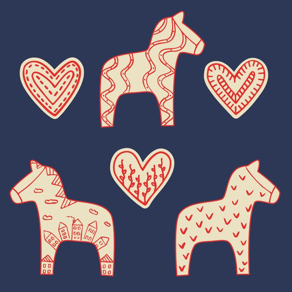 conjunto de cavalos e corações dala. esboço desenhado à mão padrão escandinavo tradicional cavalo dalarna sueco para cartões, ilustração vetorial de design relacionado ao turismo vetor
