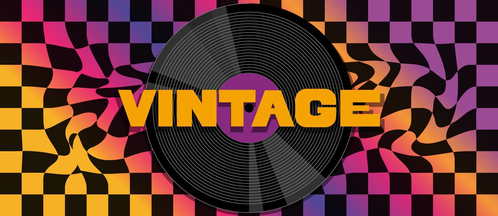 fundo brilhante vintage com disco de vinil. banner retrô colorido musical dos anos 80-90. ilustração vetorial. vetor