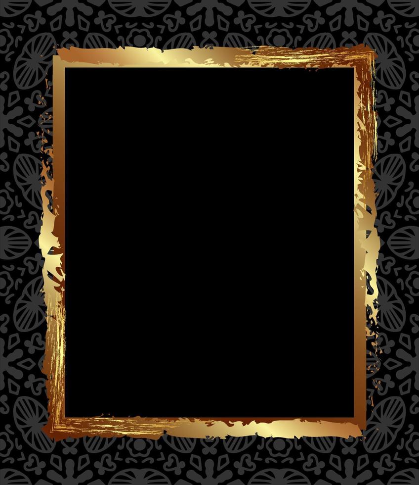 moldura antiga quadrada de ouro em um fundo preto com ornamentos cinza para decoração de parabéns ou embalagem. design abstrato em estilo deco de uma moldura de ouro em um fundo preto.preto e dourado vetor