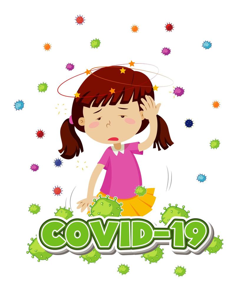 cartaz de tema de coronavírus com menina e dor de cabeça vetor