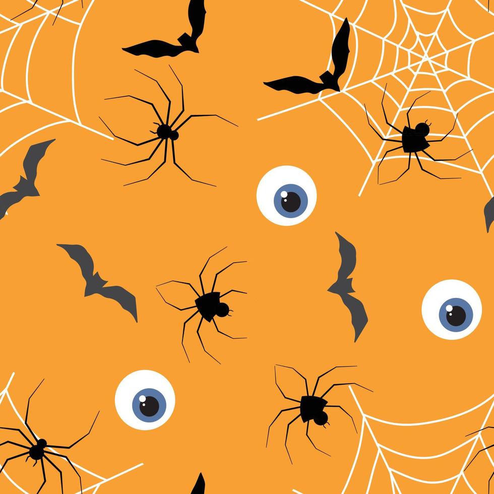 padrão sem emenda de halloween para papel embrulhado com rede, aranha, morcego, olhos. ilustração vetorial em fundo laranja vetor