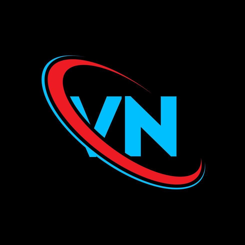 logotipo v. projeto v. carta vn azul e vermelha. design de logotipo de letra vn. letra inicial vn logotipo do monograma em maiúsculas do círculo vinculado. vetor