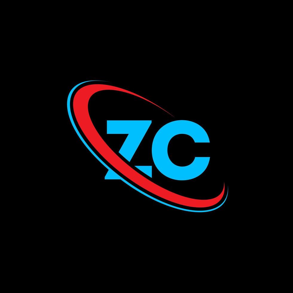 logotipo z. projeto z. letra zc azul e vermelha. design de logotipo de letra zc. letra inicial zc vinculado ao logotipo do monograma em maiúsculas do círculo. vetor