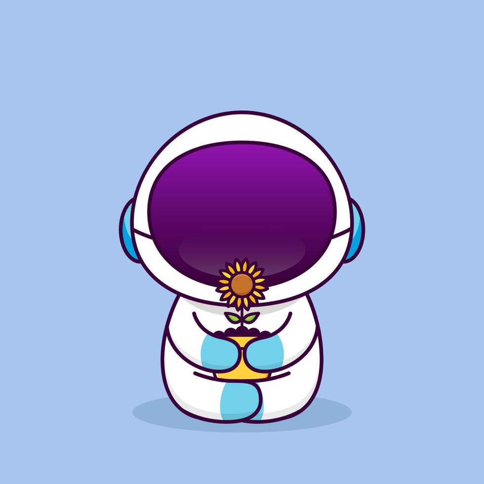 astronauta bonito sentar e abraçar um girassol vetor