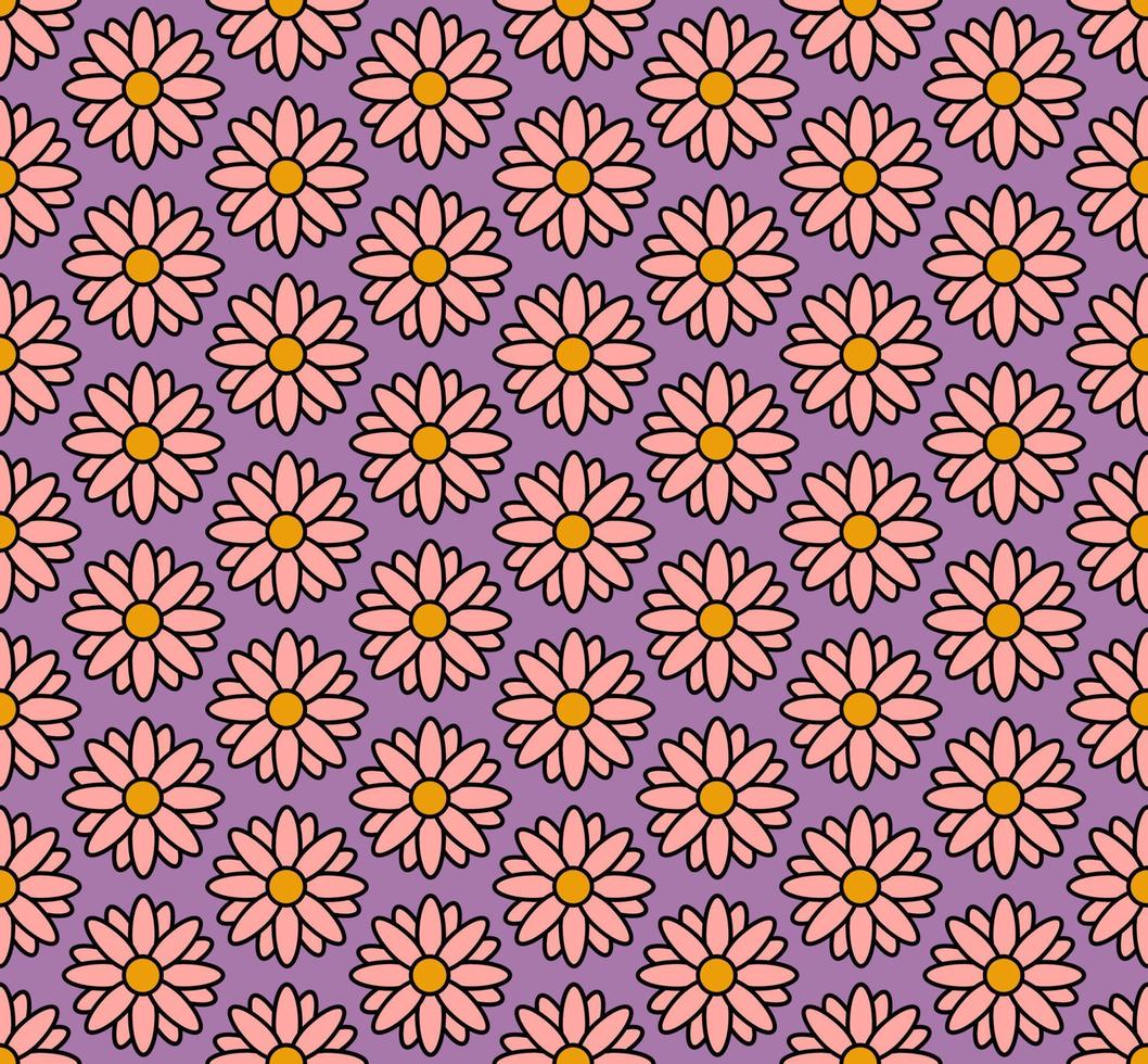 fundo groovy. padrão de repetição brilhante sem costura de flores desabrochando simples no estilo hippie psicodélico da década de 1970. ornamento de decoração gráfica em design retro. ilustração vetorial vetor