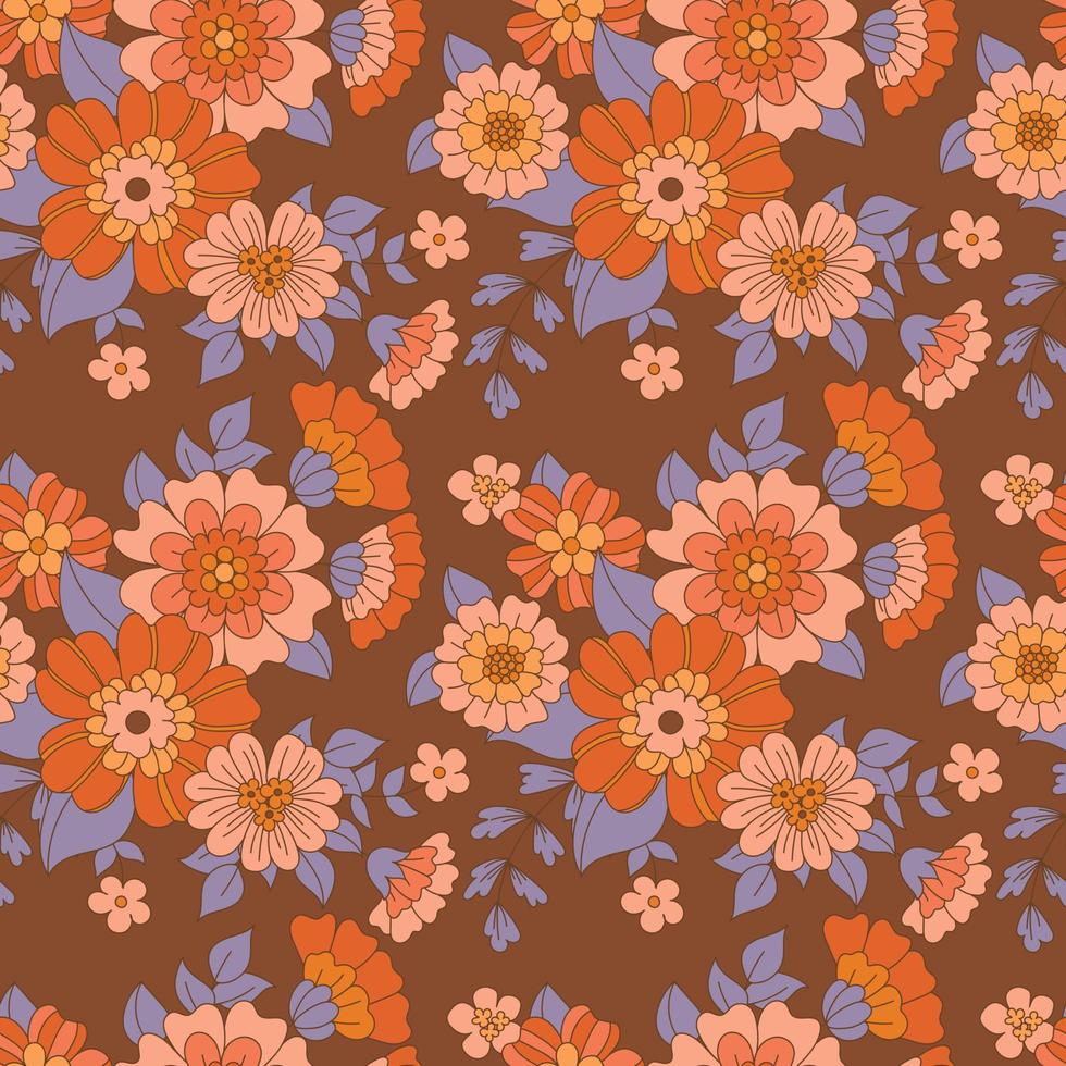 padrão sem emenda da flor groovy dos anos 70 com um fundo marrom e projeto roxo do outono do estilo das folhas.retro. hippies floral vector art ilustração. boho chique.