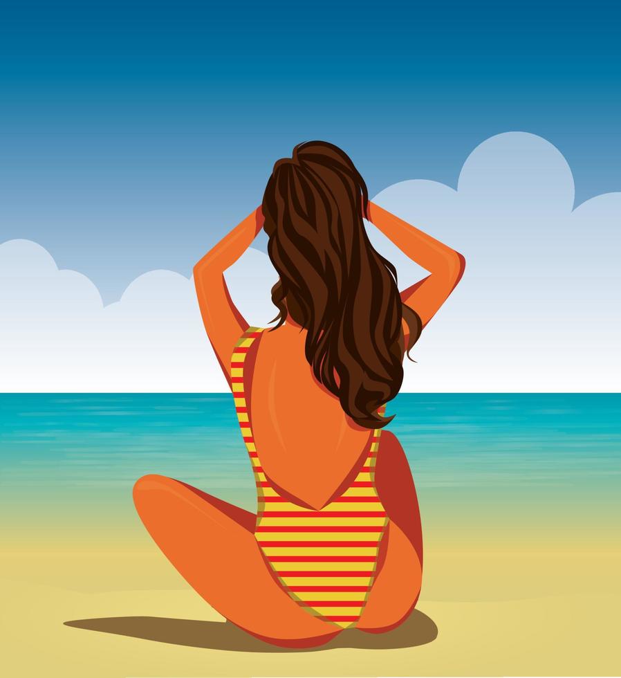 ilustração digital de uma linda garota de férias na praia tomando sol à beira-mar ou no mar nos trópicos em um maiô listrado vetor