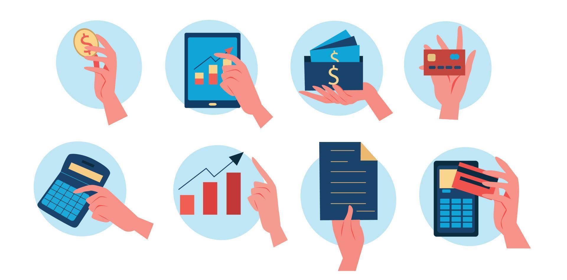 conjunto de ícones mãos segurando diferentes itens de negócios dispositivos de calculadora gráficos de mesa de dinheiro moedas de dinheiro papéis de negócios cartões de crédito apontando para telas e gestos ilustração vetorial plana vetor
