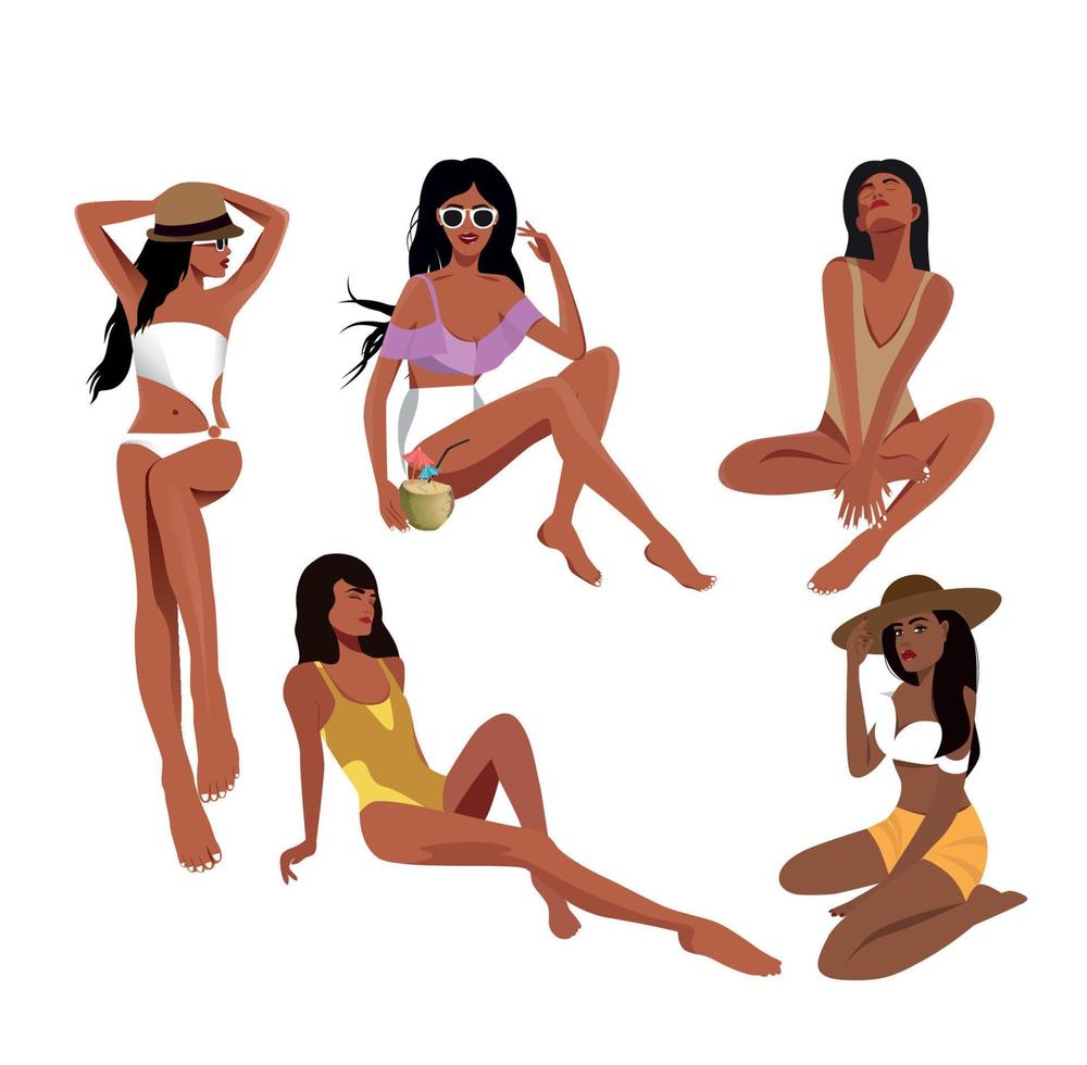 ilustração digital de um conjunto de lindas garotas em poses diferentes, relaxando na praia no verão em lindos trajes de banho vetor