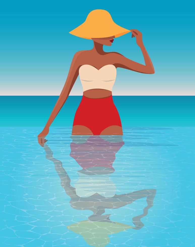 ilustração digital de um modelo de menina no verão de férias em um biquíni brilhante na piscina com vista para o oceano vetor