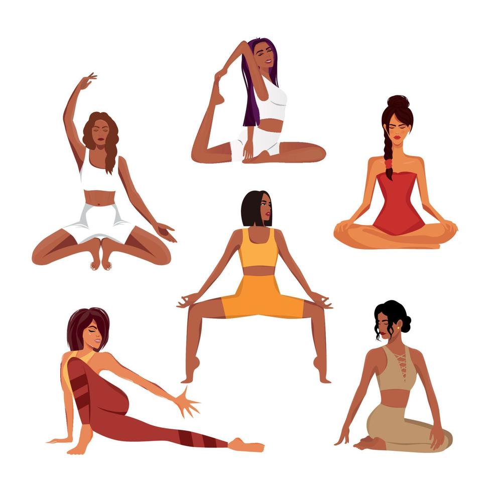 conjunto de ilustração digital de meninas flexíveis fazendo ioga e meditação vetor