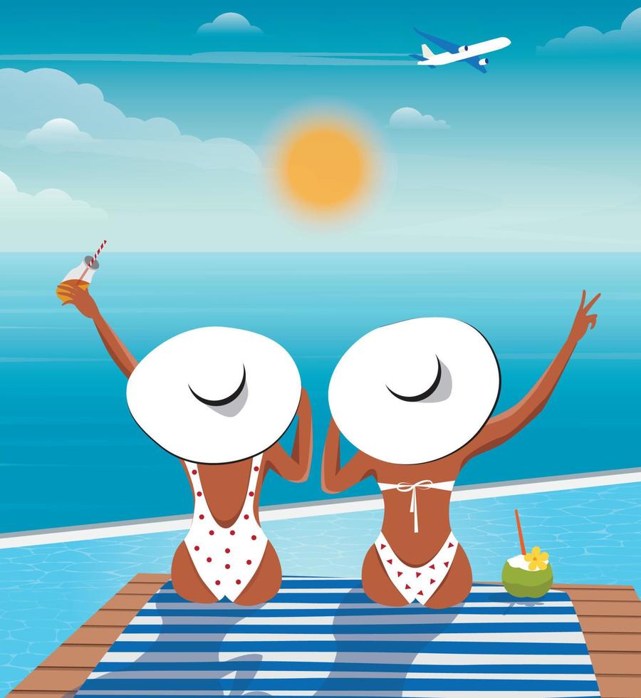 ilustração digital duas amigas estão sentadas à beira da piscina de biquíni e chapéu estão descansando de férias no verão bebem coco e suco e conhecem um avião voador vetor