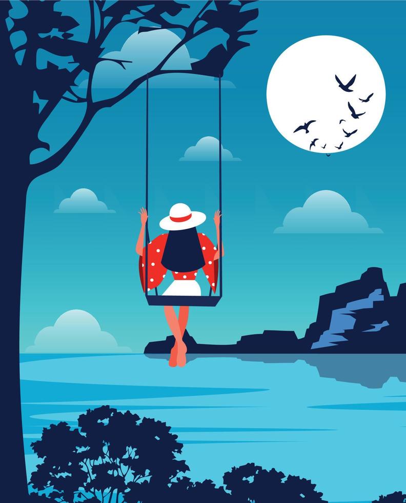 ilustração vetorial de uma paisagem azul brilhante da natureza e férias em férias menina balançando em um balanço se alegra com a lua grande vetor