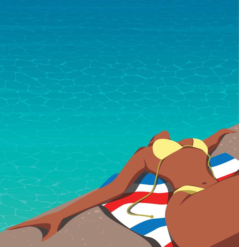 ilustração vetorial no verão na piscina uma garota bronzeada sem rosto na praia em um maiô amarelo em uma bela pose está descansando de férias vetor