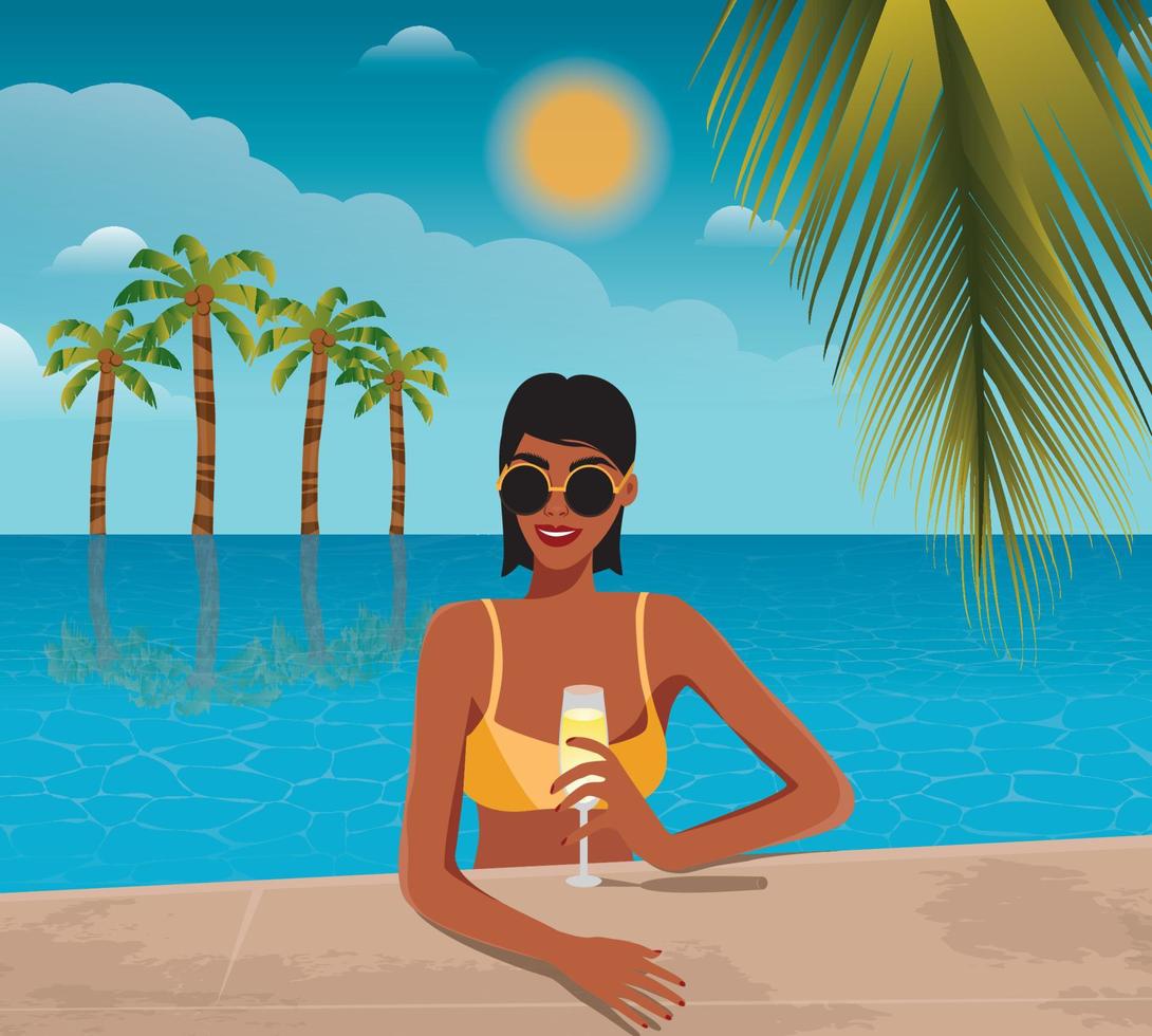 ilustração digital de uma garota feliz no verão de férias nada na piscina em um fundo de palmeiras segurando uma taça de champanhe na mão vetor