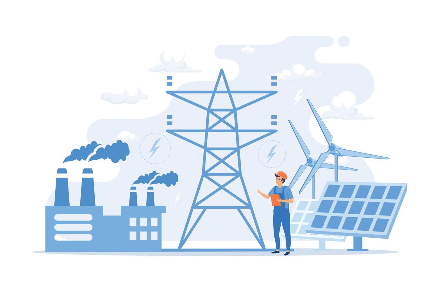 engenheiro escolhendo usina com painéis solares e turbinas eólicas. energia alternativa, tecnologias de energia verde, conceito abstrato de energia ecológica. ilustração moderna de vetor plana