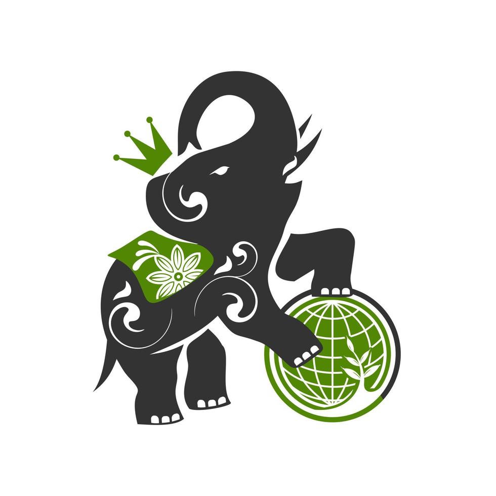 elefante coroado com globo com símbolo de planta vetor