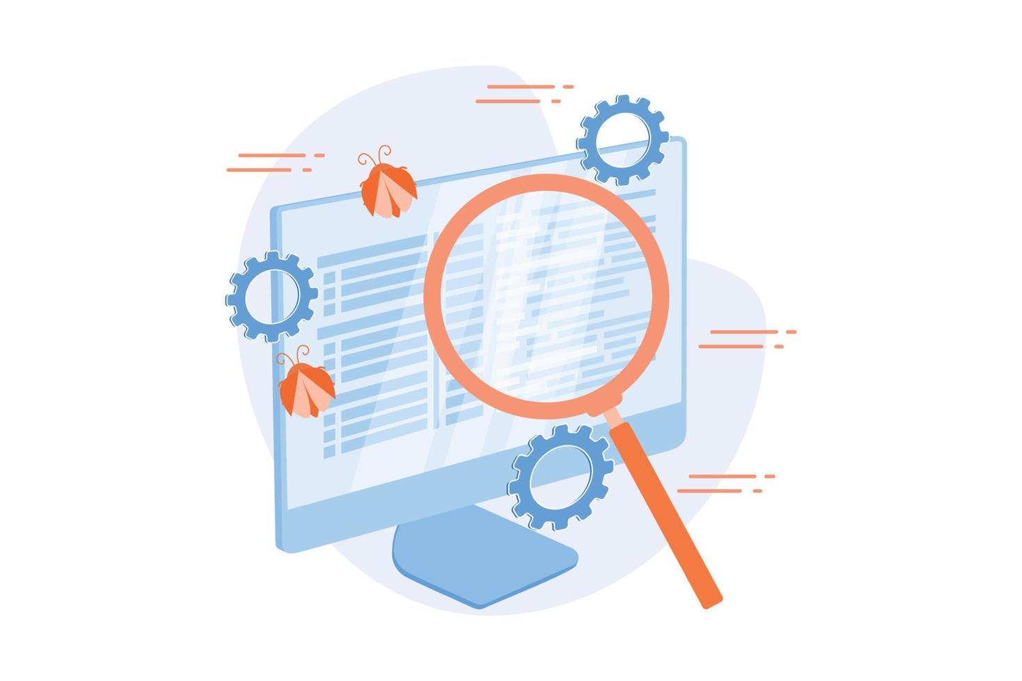 correção de bugs e testes de software. ferramenta de busca de vírus de computador. devops, otimização da web, aplicativo antivírus. lupa, roda dentada e elemento de design do monitor. ilustração moderna de vetor plana