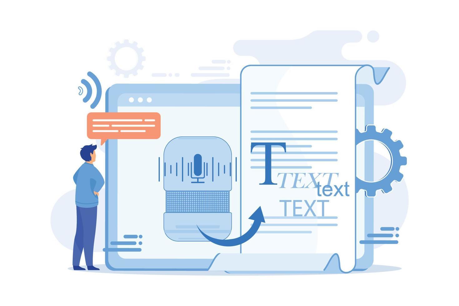 aplicativo de fala para texto, aplicativo de reconhecimento de voz. converter fala em texto, reconhecedor de fala em vários idiomas, conceito de software de voz em texto. ilustração moderna de vetor plana