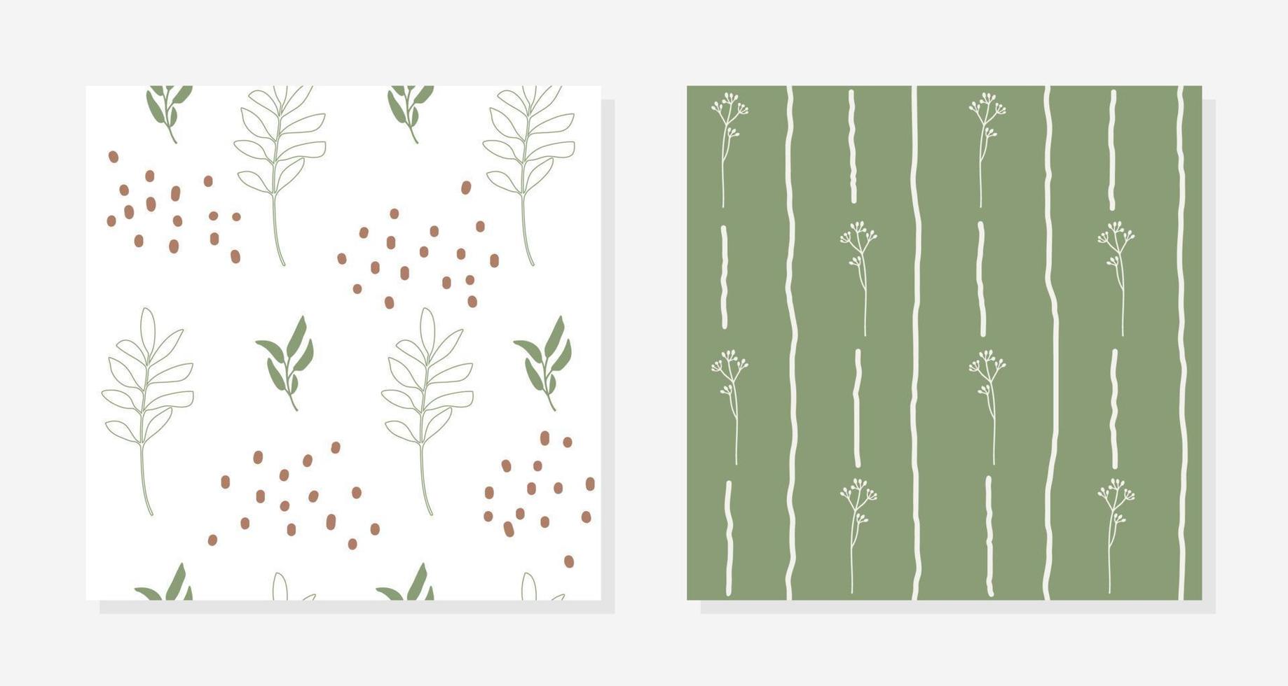 conjunto de dois padrões sem emenda desenhados à mão simples com plantas. fundo botânico minimalista vetor