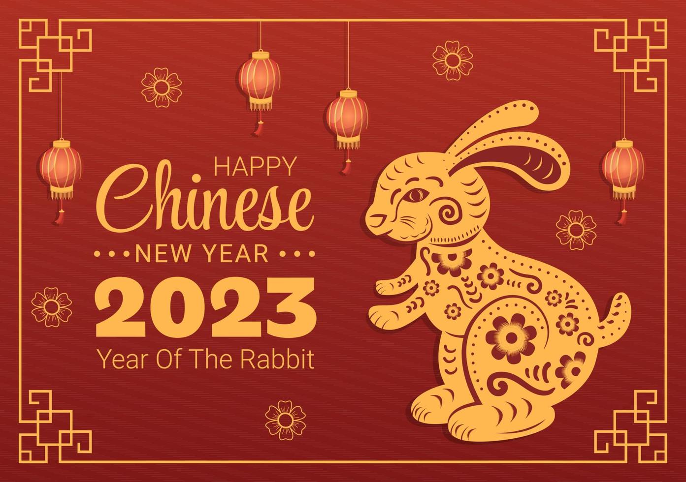 ano novo lunar chinês 2023 dia do modelo de signo do zodíaco coelho ilustração plana de desenhos animados desenhados à mão com flor, lanterna e fundo de cor vermelha vetor