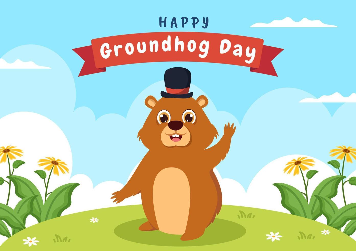 feliz dia da marmota em 2 de fevereiro com personagem de marmota bonito e modelo de fundo de jardim ilustração plana de desenho animado desenhado à mão vetor