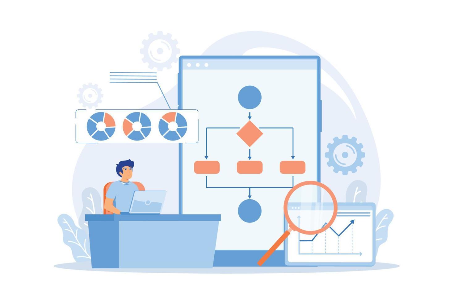 analista trabalhando no laptop com processo de automação. automação de processos de negócios, fluxo de trabalho de processos de negócios, conceito de sistema de negócios automatizado. vetor