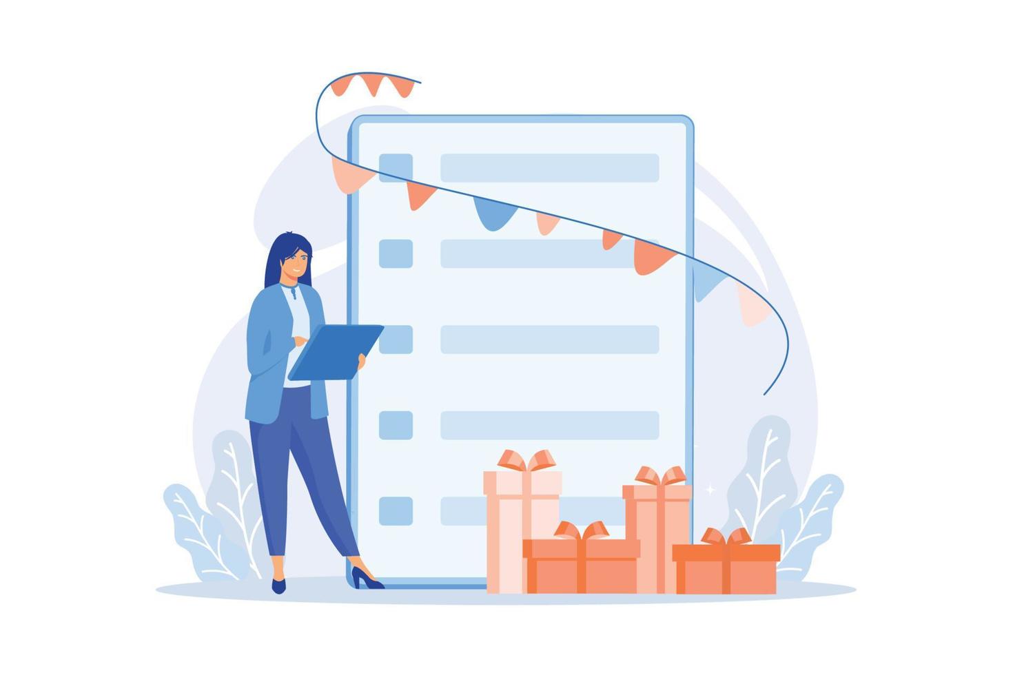 lista de verificação de compras de presentes. personagem de desenho animado menina comprando presentes online. e-commerce, vale-presente, promoção. aniversário, bônus de aniversário. ilustração moderna de vetor plana