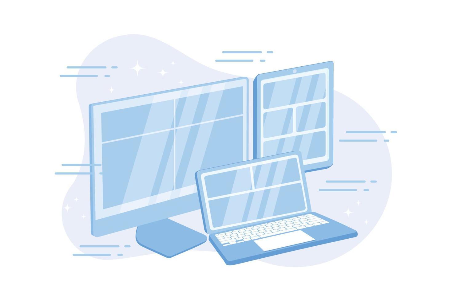 web design adaptativo. site responsivo para gadgets modernos de computador, laptop e tablet. desenvolvimento de páginas web, otimização, programação. ilustração moderna de vetor plana