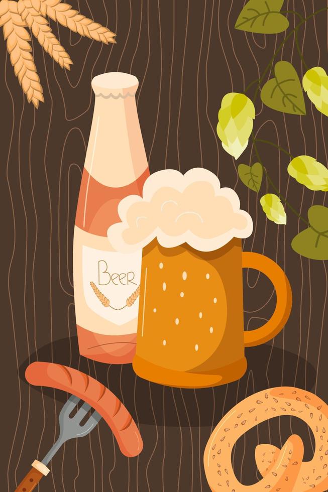 fundo de banner festivo oktoberfest. festival de cerveja de evento de munique. elementos de design de alimentos e bebidas alcoólicas. modelo de cartão de convite ou pôster. ilustração vetorial plana vetor