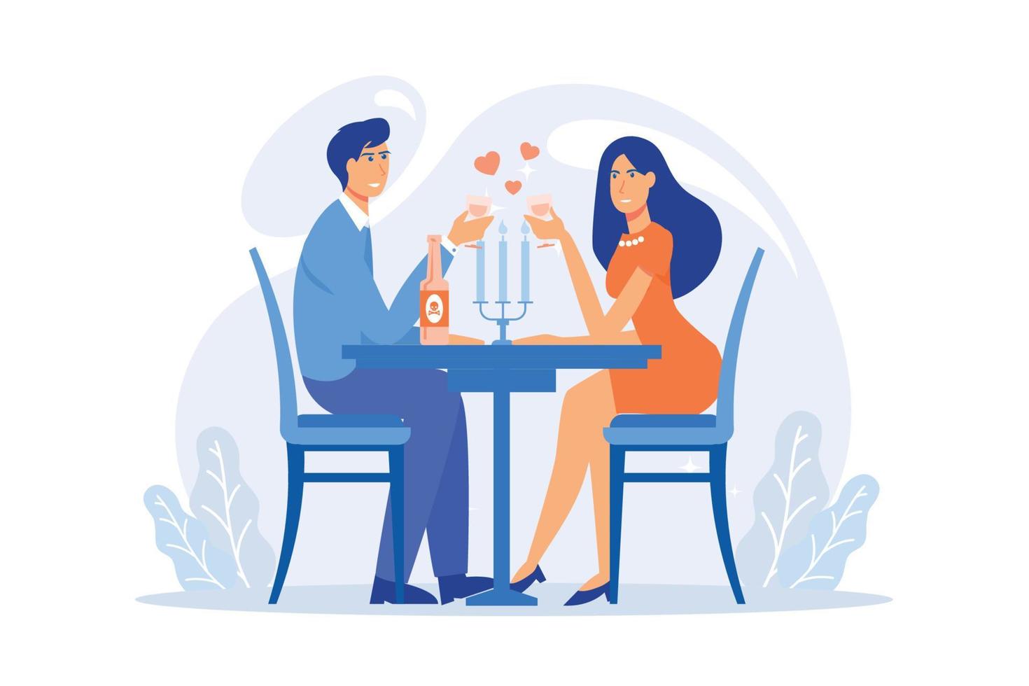 casal em encontro romântico. namorado e namorada bebendo vinho no restaurante, comemorando aniversário. namoro, relacionamento, dia dos namorados. vetor