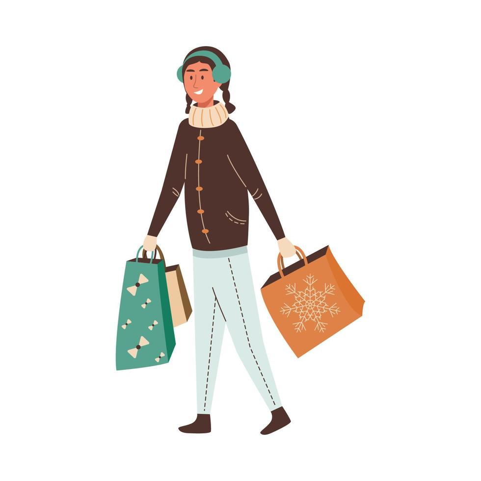 jovem bonita em roupas quentes com sacos de presente de natal andando ao ar livre. ilustração em vetor plana dos desenhos animados isolada no fundo branco