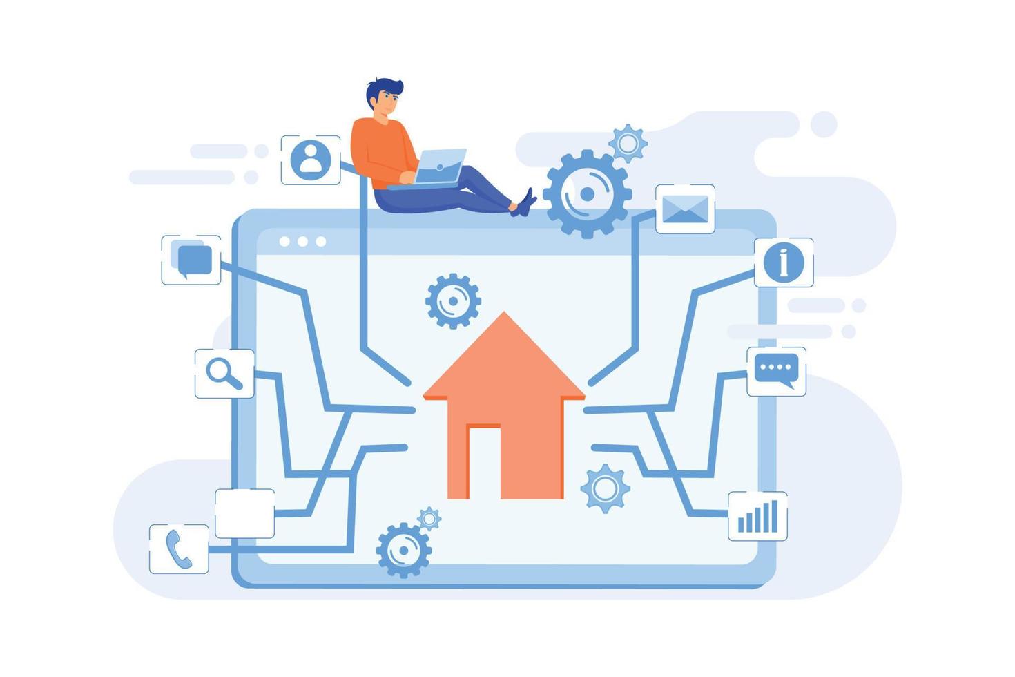 serviço de desenvolvimento, casa inteligente, tecnologia iot, programação de rede. criação de mapa do site, modelo de conteúdo do site, conceito de mapa de navegação do site. ilustração moderna de vetor plana