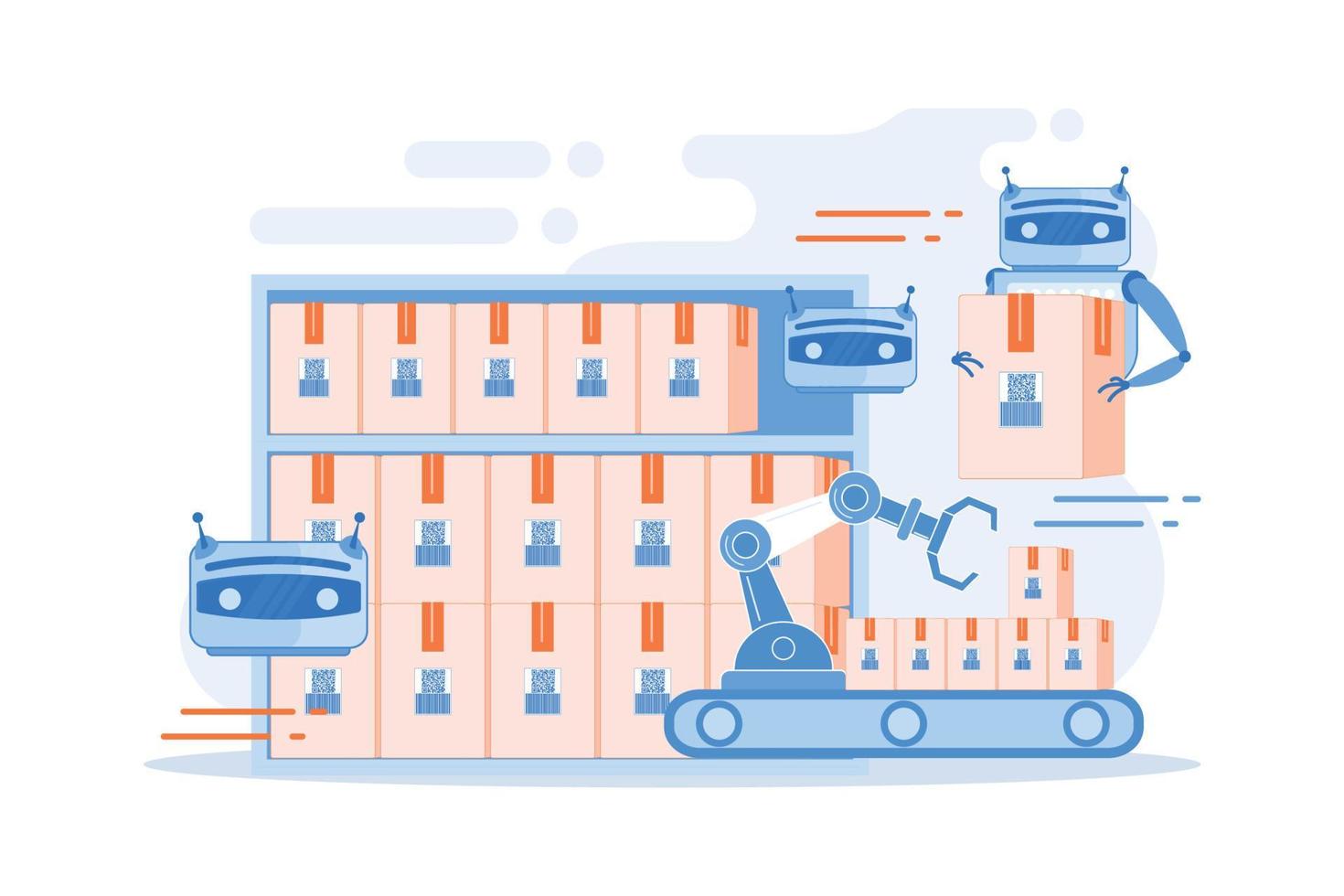 tecnologia de carregamento automático de pacotes de armazém. robotização de armazenamento, engenharia de robótica de armazém, conceito de empilhadeiras autônomas. ilustração moderna de vetor plana