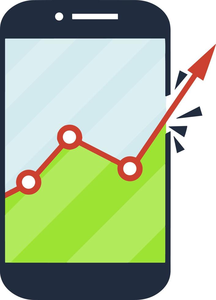 agenda de negócios com seta vermelha na tela do celular. gráfico no smartphone. aplicativo para negociação on-line e estatísticas. o crescimento rompe limites e limites. ilustração plana de desenho animado vetor