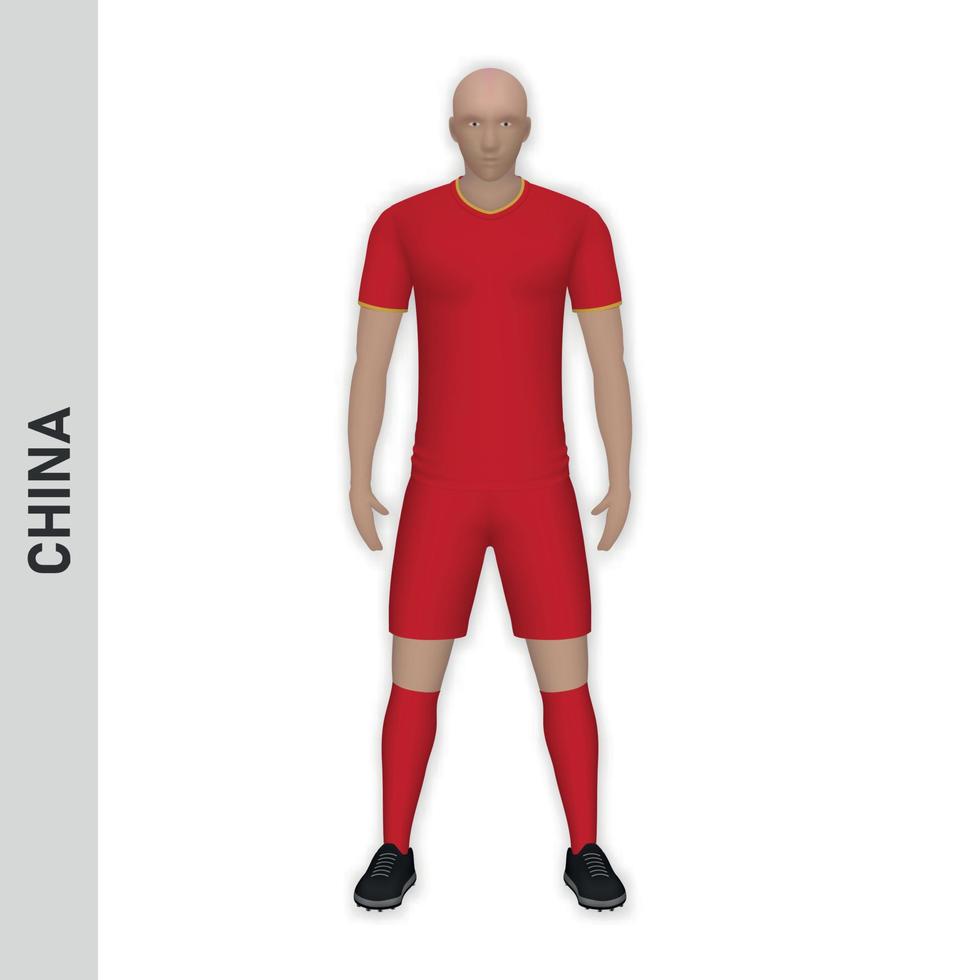 Maquete de jogador de futebol realista 3D. modelo de kit de time de futebol da china vetor
