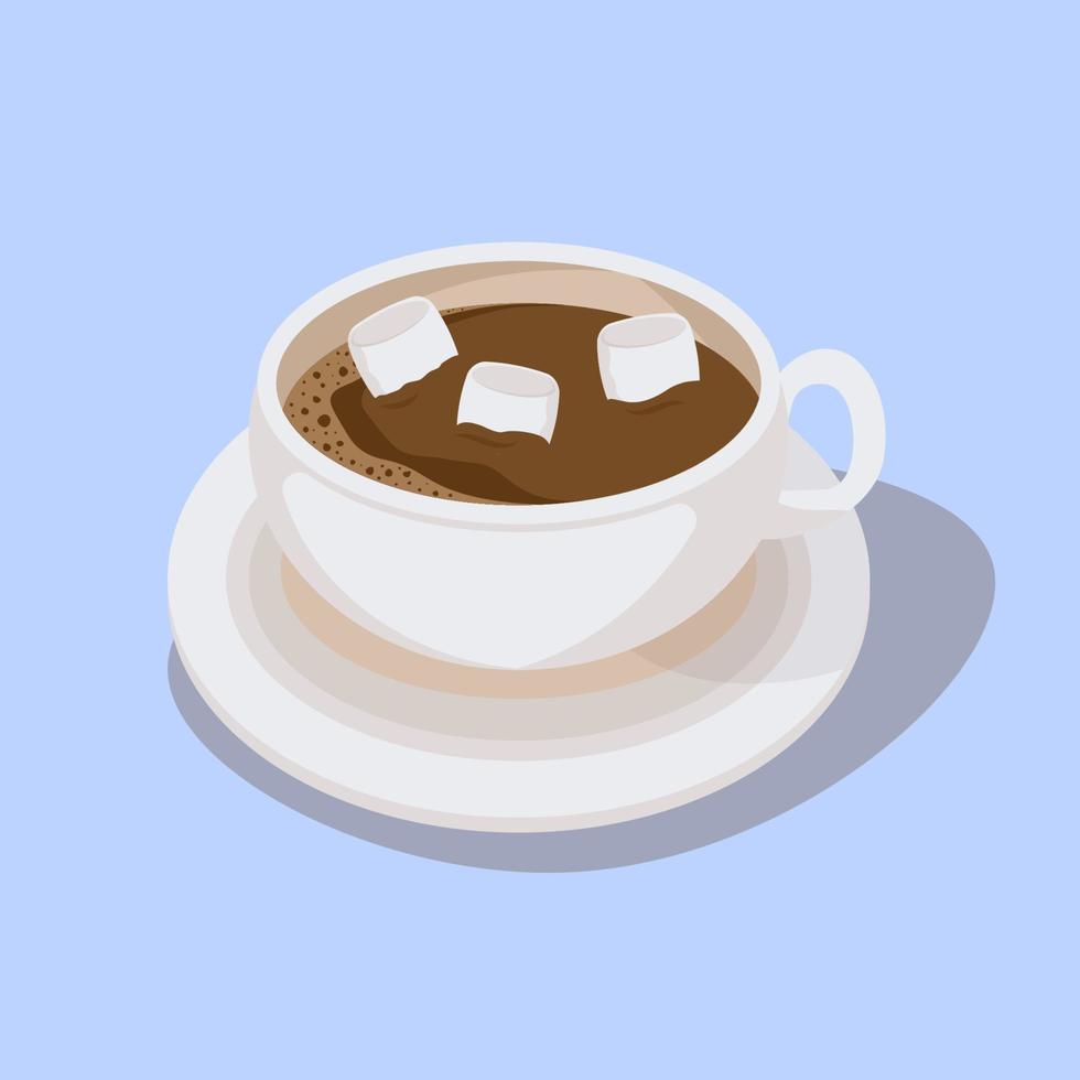 café expresso em xícara branca com prato em fundo azul. americano e marshmallow no topo para uma manhã fresca. vetor