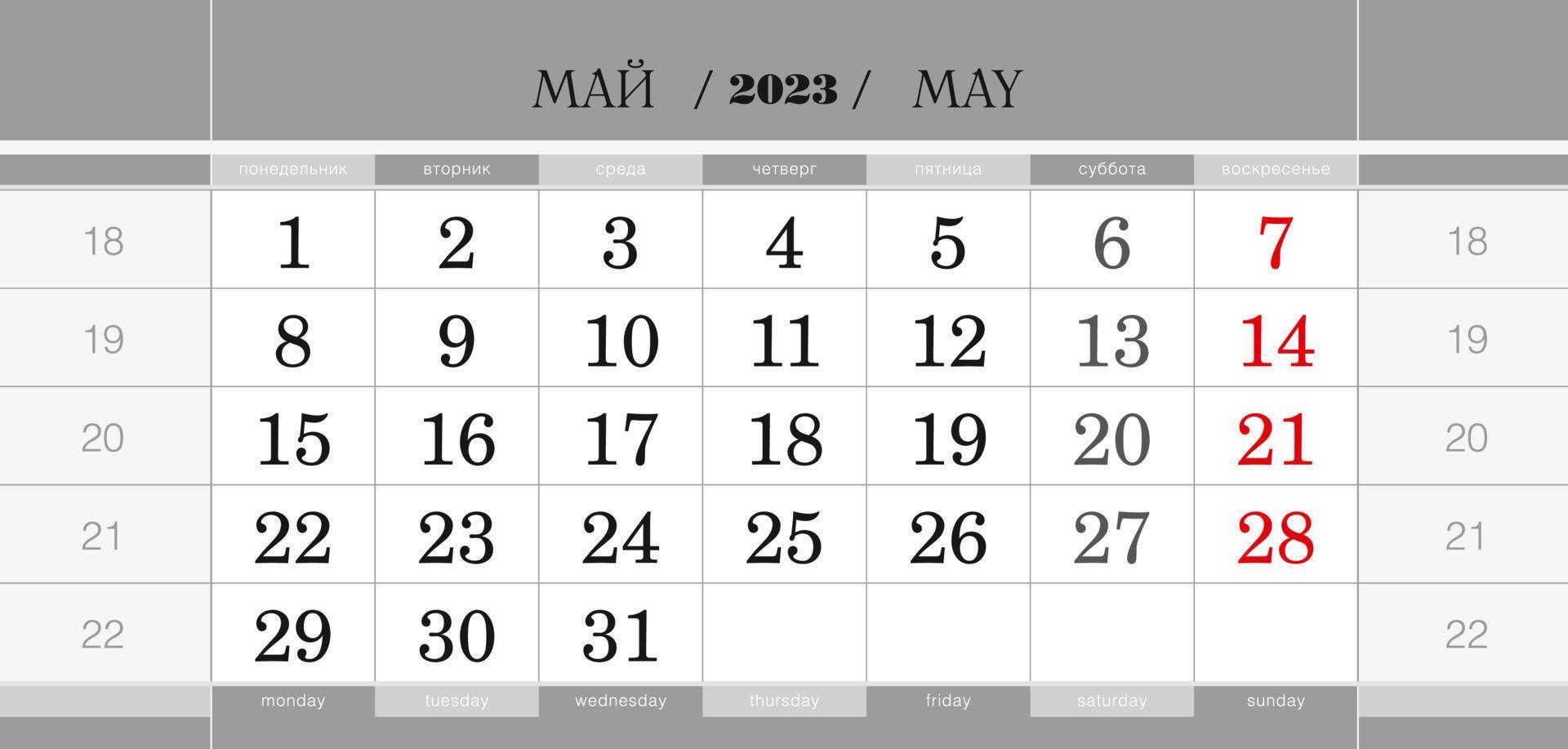 bloco de calendário trimestral para o ano de 2023, maio de 2023. calendário de parede, idioma inglês e russo. semana começa a partir de segunda-feira. vetor