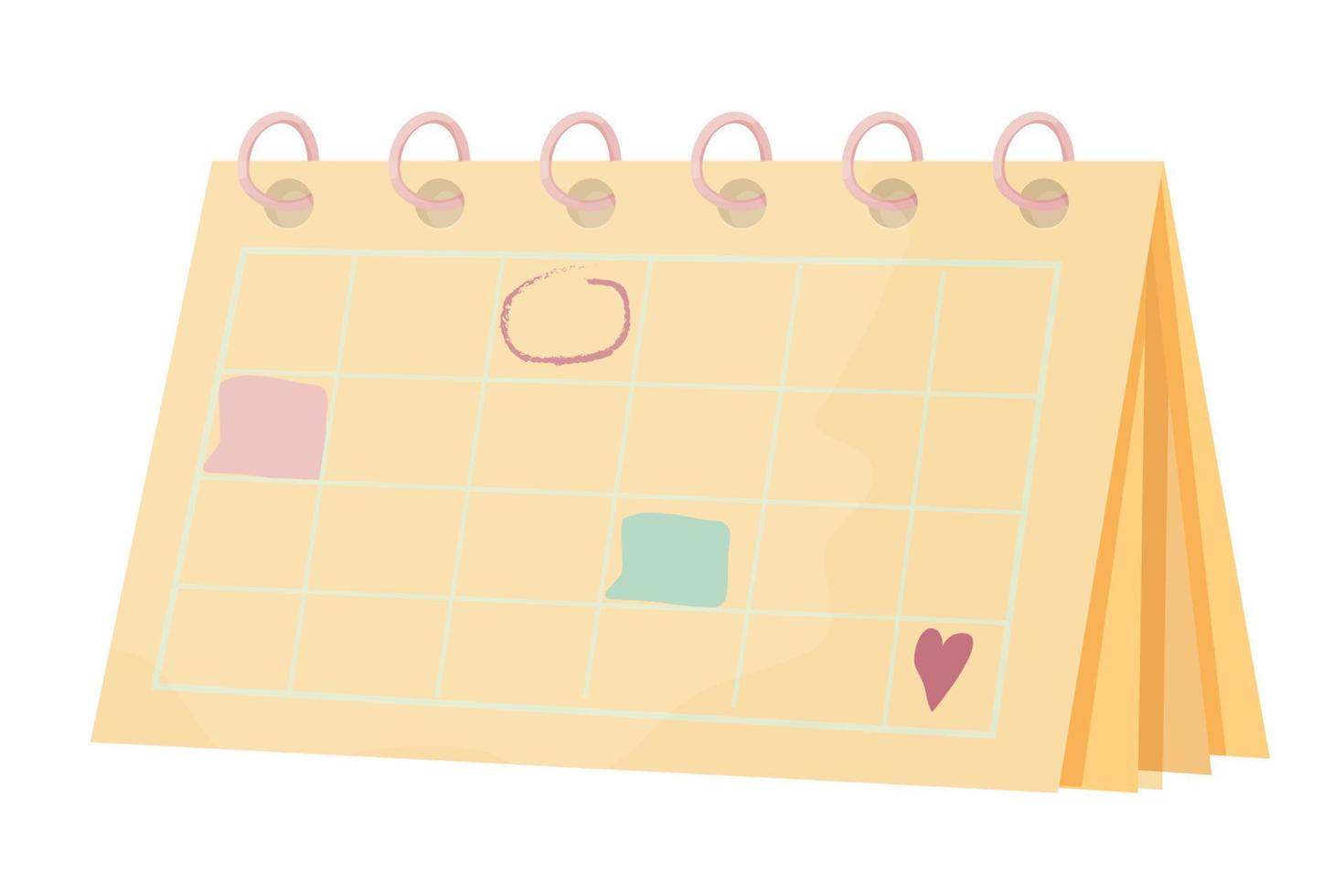 calendário de escritório de mesa, símbolo pastel simples, lembrete em estilo cartoon, isolado no fundo branco. marcas desenhadas à mão, nomeação e coração. ilustração vetorial vetor