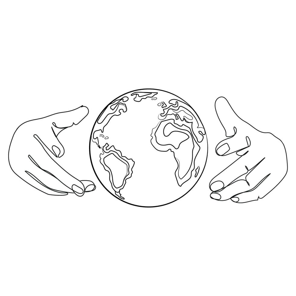 salve o planeta concept.small planeta terra entre duas mãos humanas, significando cuidado e love.line arte desenho vector illustration.symbol de cuidar da natureza, meio ambiente e ecologia do planeta Terra.