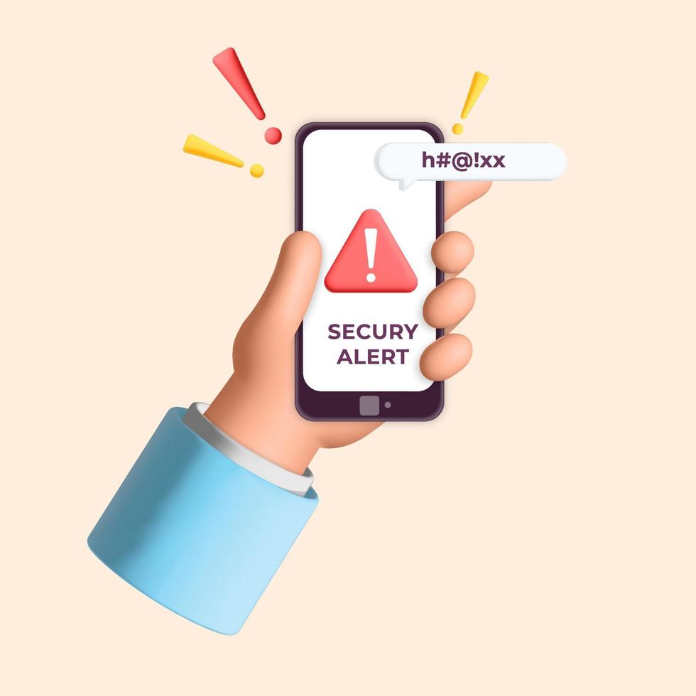 A mão de renderização realista de vetor 3d segura o telefone com ilustração de design de notificação por push de aviso de perigo de alerta